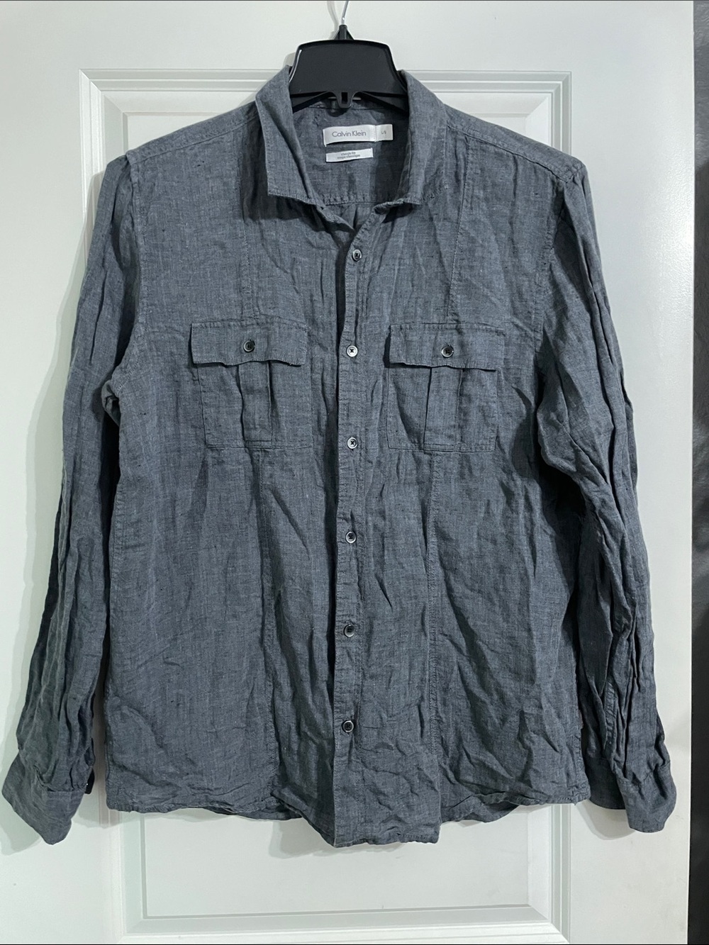Calvin Klein 100% Linen Shirt Button Up Chambray Roll Tab Sleeves Size Large